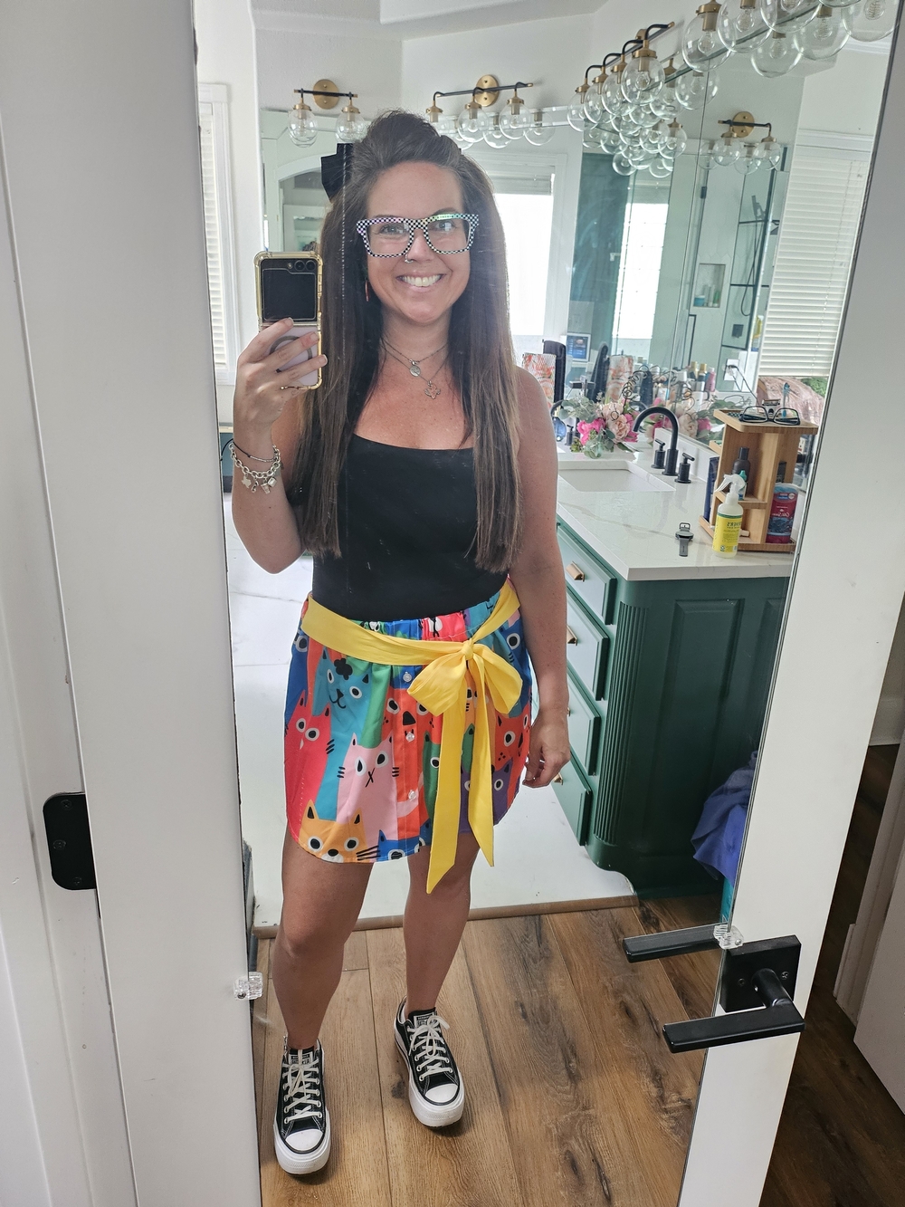 Colorful Cat Print Wrap Skirt with Yellow Tie